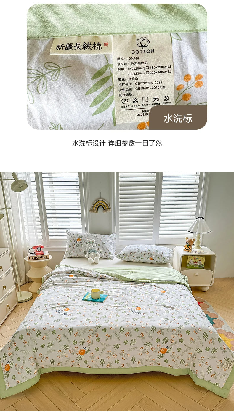 100% Cotton Summer Cool Quilt with Pure Cotton Filling Thin Air Conditioning Blanket Lightweight Breathable Quilts Printed Style
