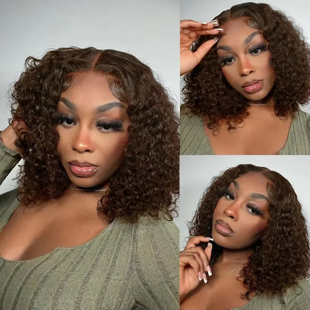 13x4 Lace Front Wigs For Black Women Brazilian Dark Brown Curly Bob Wig Short Deep Wave Human Hair Lace Frontal Wigs Colored Bob
