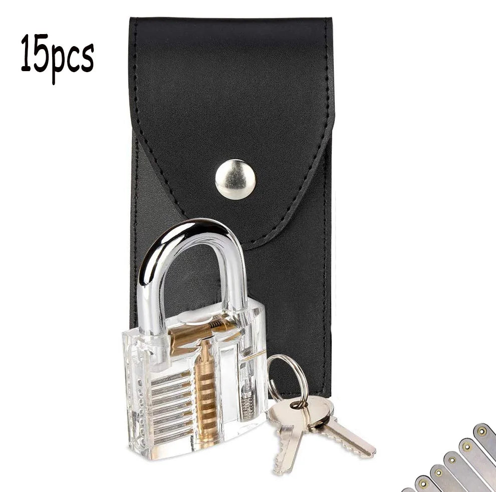 15pcs Stainless Steel Lockpick Tools with Handle,Cheap and Useful Locksmith Tools Set with Locks for Beginner,Hard Materials