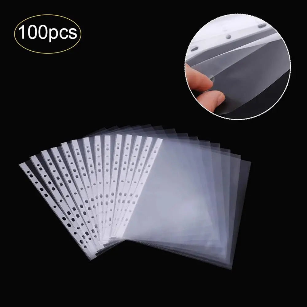 100pcs 11-hole A4 Clear Plastic Punched File Folders For Documents Sleeves Pocket File Sleeve Thin Document Office Supplies