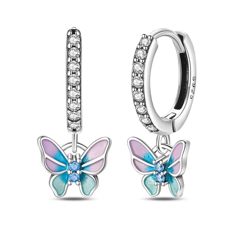 100% 925 Sterling Silver Colorful Butterfly Bee Ladybug Rainbow Flower Earrings For Women Fashion Birthday Party Jewelry Gifts