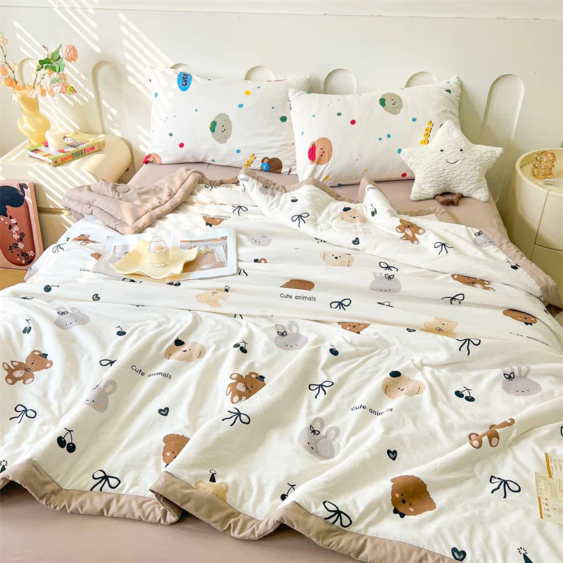 100% Cotton Summer Cool Quilt with Pure Cotton Filling Thin Air Conditioning Blanket Lightweight Breathable Quilts Printed Style
