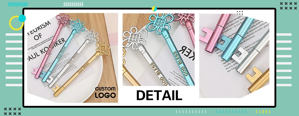10pcs Customized LOGO Signature Pen Creative Retro Key Styling Gel Pen School Supplies Stationery Cute Gift Pen Laser Lettering