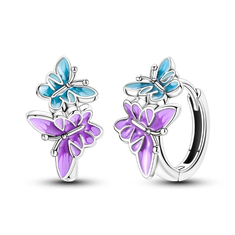 100% 925 Sterling Silver Colorful Butterfly Bee Ladybug Rainbow Flower Earrings For Women Fashion Birthday Party Jewelry Gifts