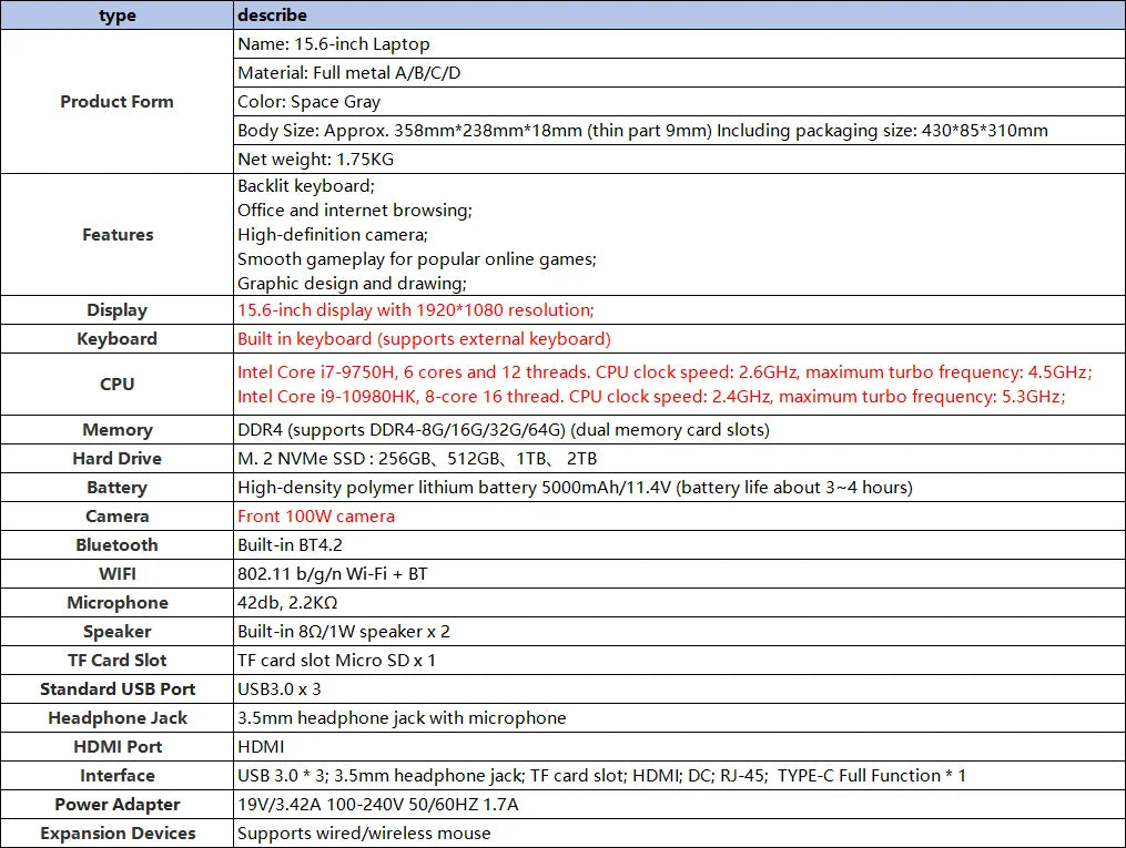 15.6" intel core i9-10980hk gaming laptops portable notebook computer pc 32GB 1TB IPS Backlit Keyboard Fingerprint Recognition
