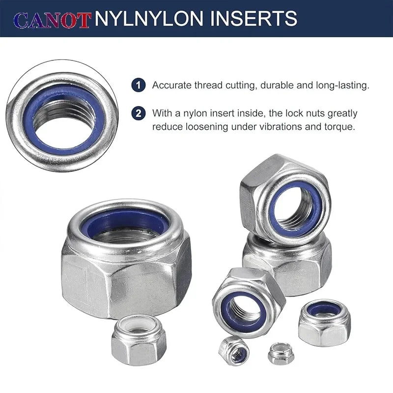 1-25pcs 304 Stainless Steel Hex Nylon Lock Nuts M2 M2.5 M3 M4 M5 M6 M8 M10 M12 M14 Hexagon Hex Self-locking Nylock Nut Locknuts.