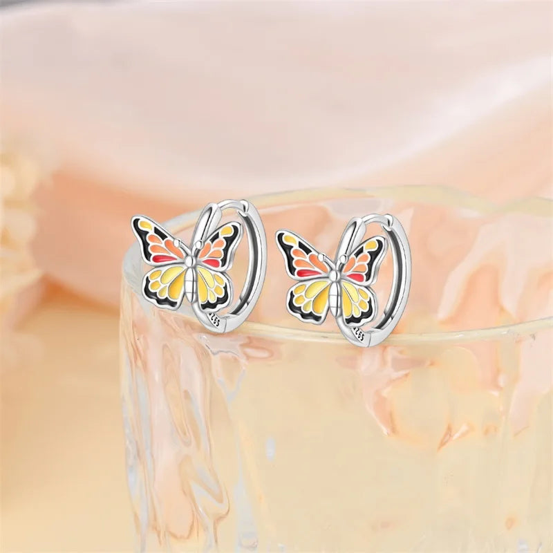 100% 925 Sterling Silver Colorful Butterfly Bee Ladybug Rainbow Flower Earrings For Women Fashion Birthday Party Jewelry Gifts