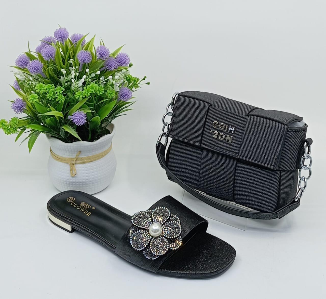 Stylish Matching Set – Includes a trendy shoulder bag and elegant slip-on sandals in coordinating silver tones.