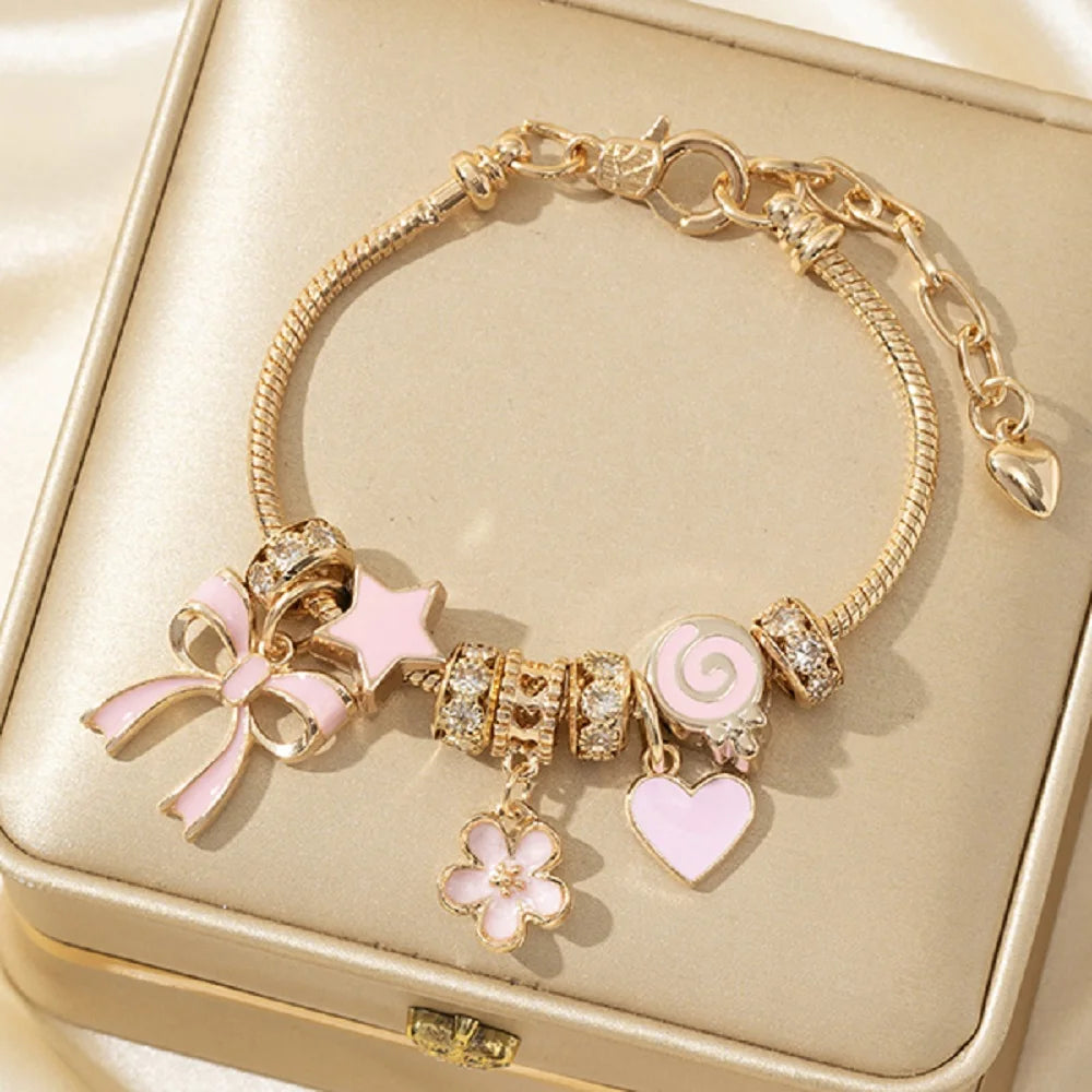 1pc Women's Adjustable Gold Color Rhinestone Butterfly Heart Lollipop Beads Bracelets Elegant Jewelry Daily Wear Party Gifts