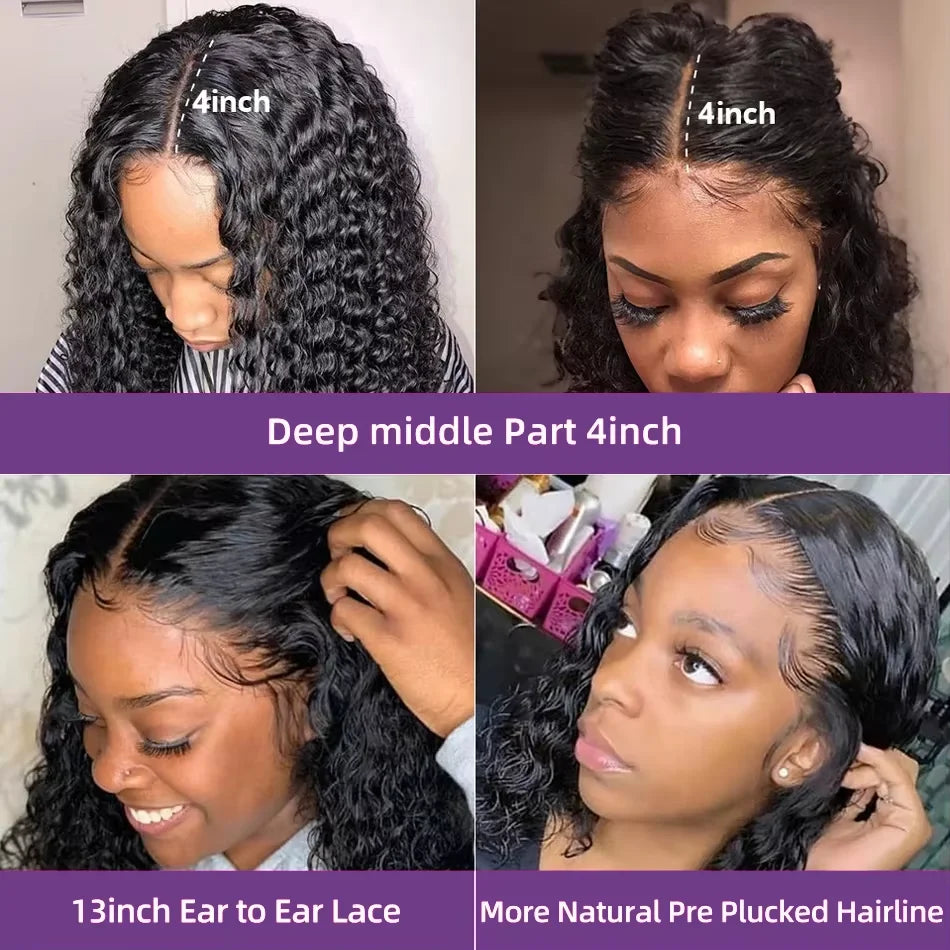 13x4 Lace Front Human Hair Wigs 100% Human Hair Pre Plucked Deep Wave Curly Short Bob Wigs For Women 4x4 Lace Closure Wig 220%