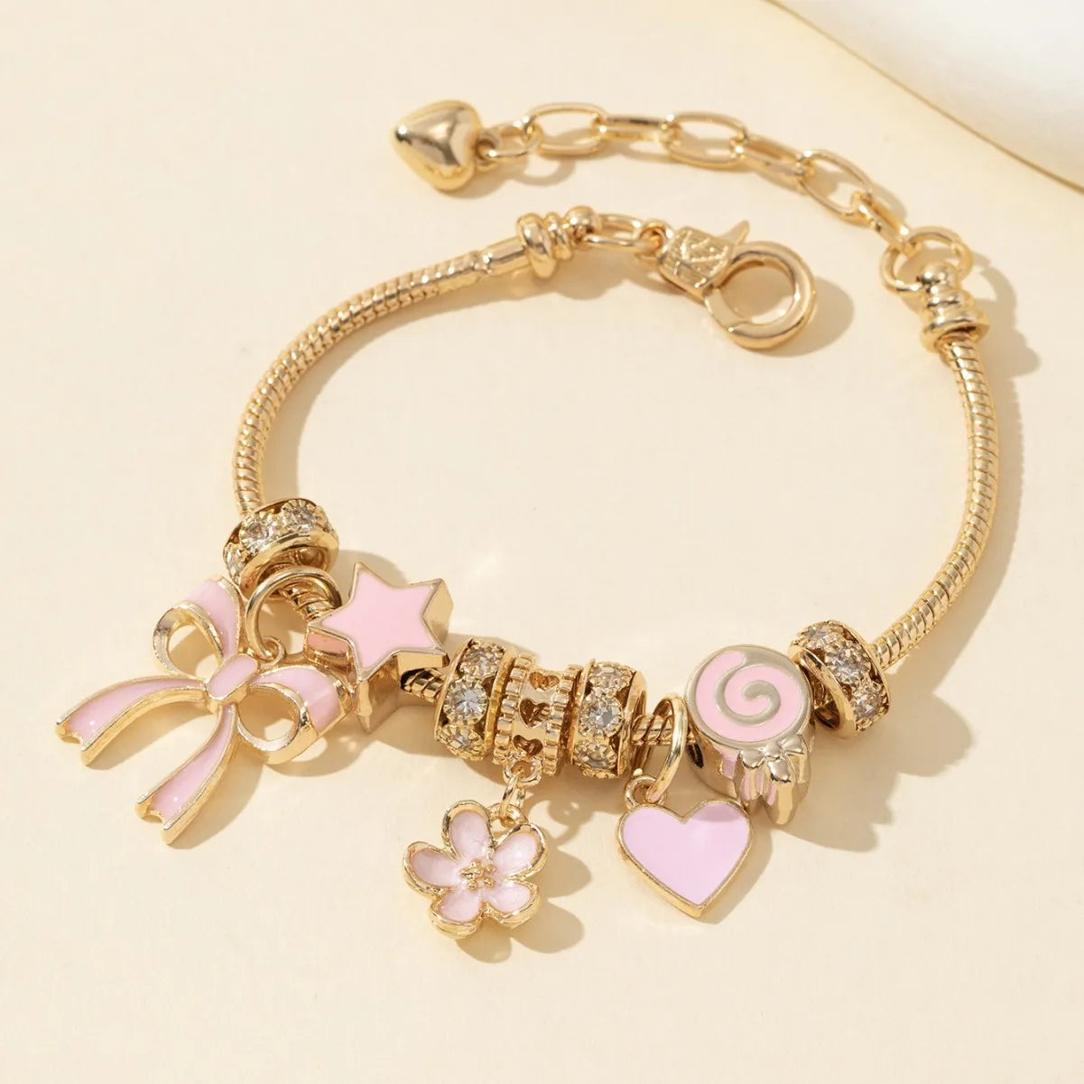 1pc Women's Adjustable Gold Color Rhinestone Butterfly Heart Lollipop Beads Bracelets Elegant Jewelry Daily Wear Party Gifts