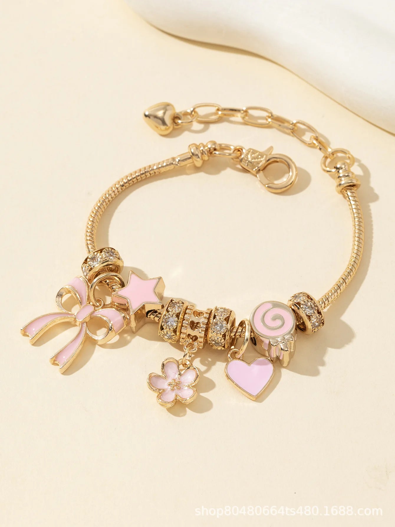 1pc Women's Adjustable Gold Color Rhinestone Butterfly Heart Lollipop Beads Bracelets Elegant Jewelry Daily Wear Party Gifts