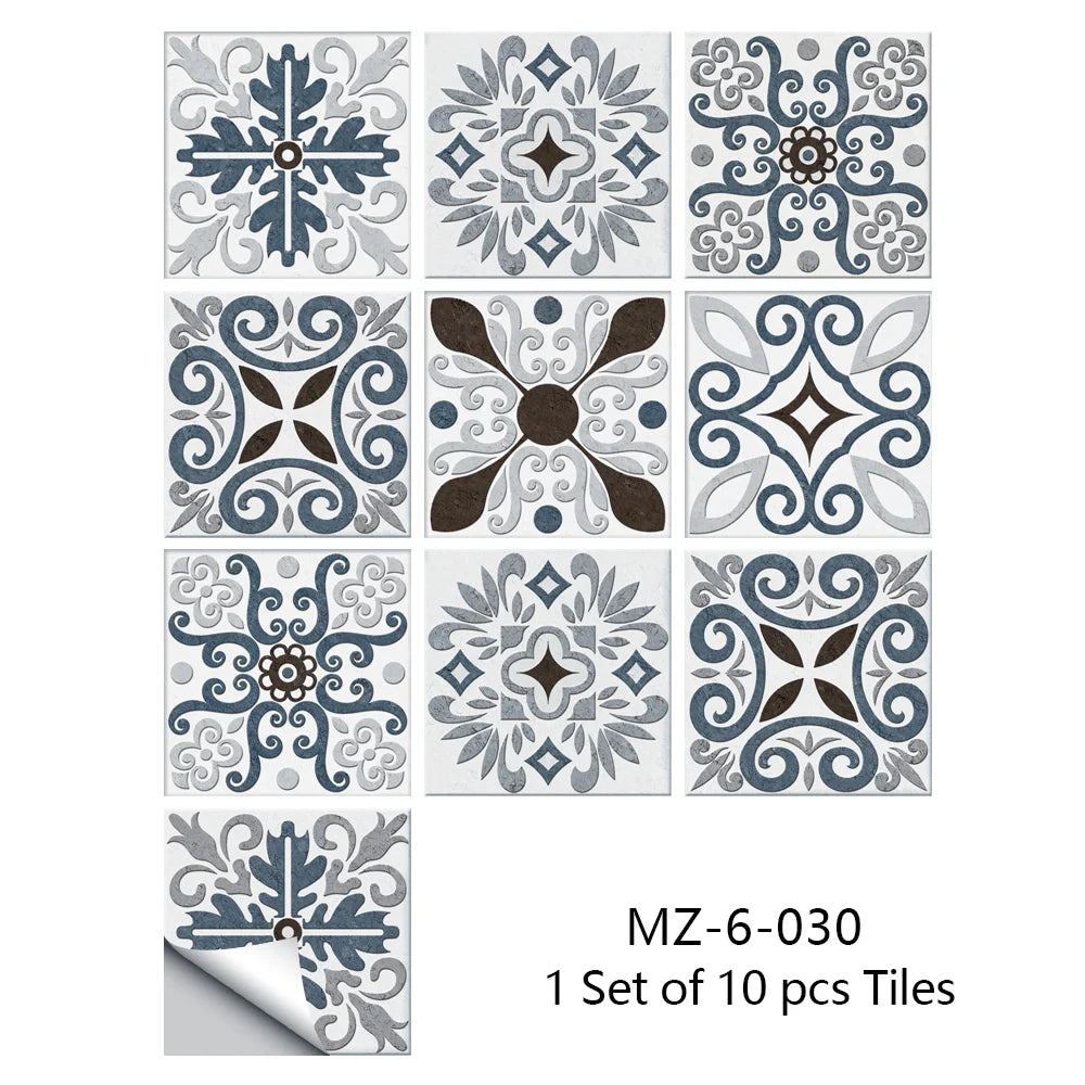 10pcs Retro Pattern Matte Surface Tiles Sticker Transfers Covers for Kitchen Bathroom Tables Floor Hard-wearing Art Wall Decals
