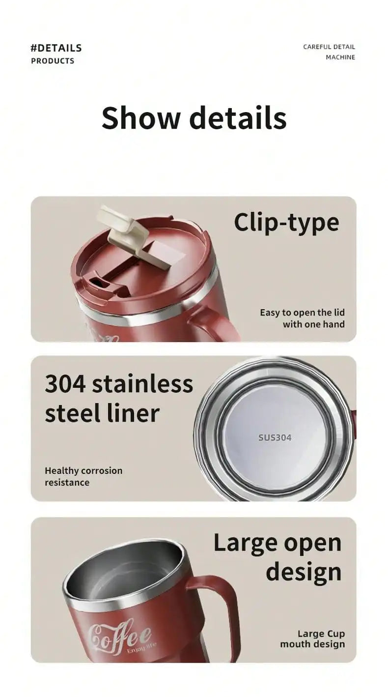 WORTHBUY 400/480ML 304 Stainless Steel Coffee Cup With Lid&Handle Double Layer Coffee Mug Drinkware Reusable Insulated Water Cup