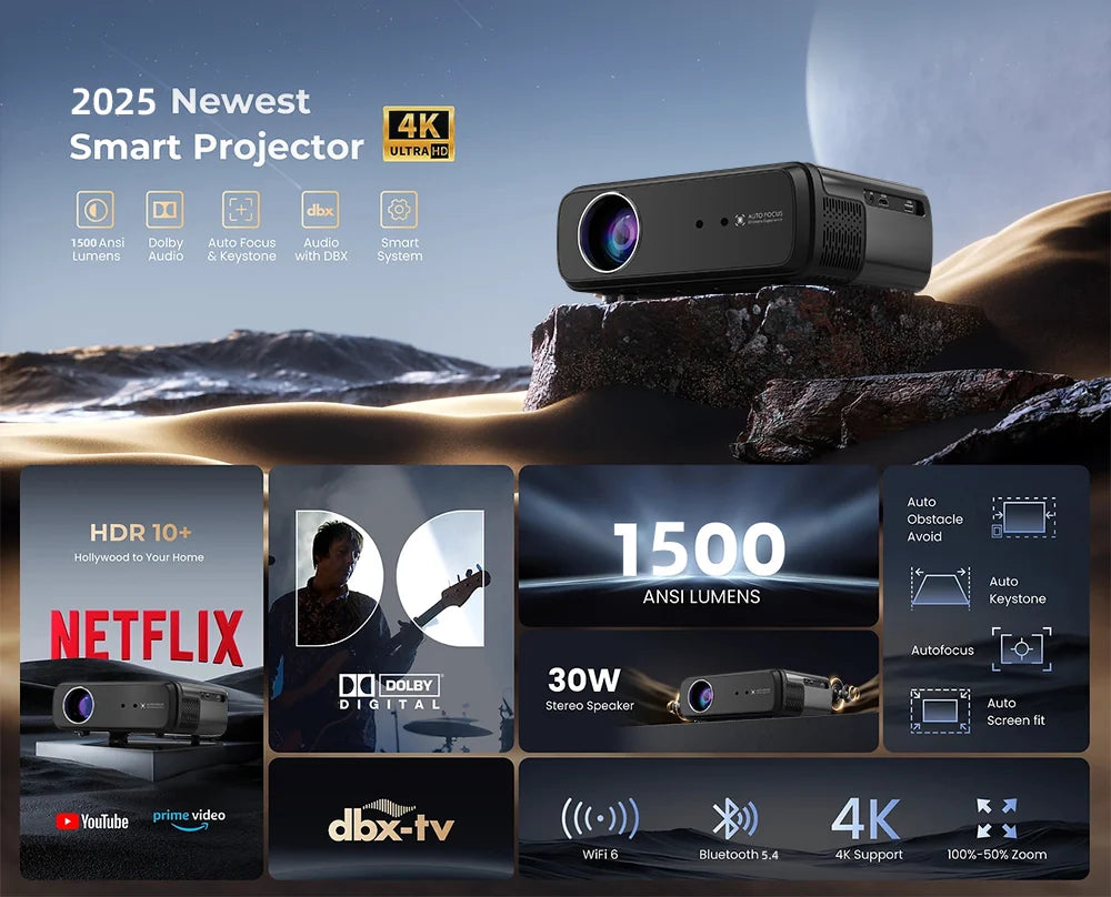 [Google TV/Android 14]4K Projector Full HD 1080P Home Theater Netflix-Licensed Outdoor Movie Smart Auto Focus Beam Projectors