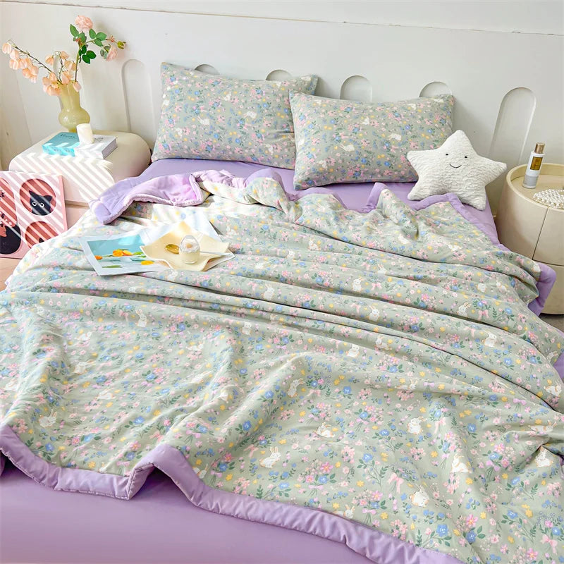 100% Cotton Summer Cool Quilt with Pure Cotton Filling Thin Air Conditioning Blanket Lightweight Breathable Quilts Printed Style