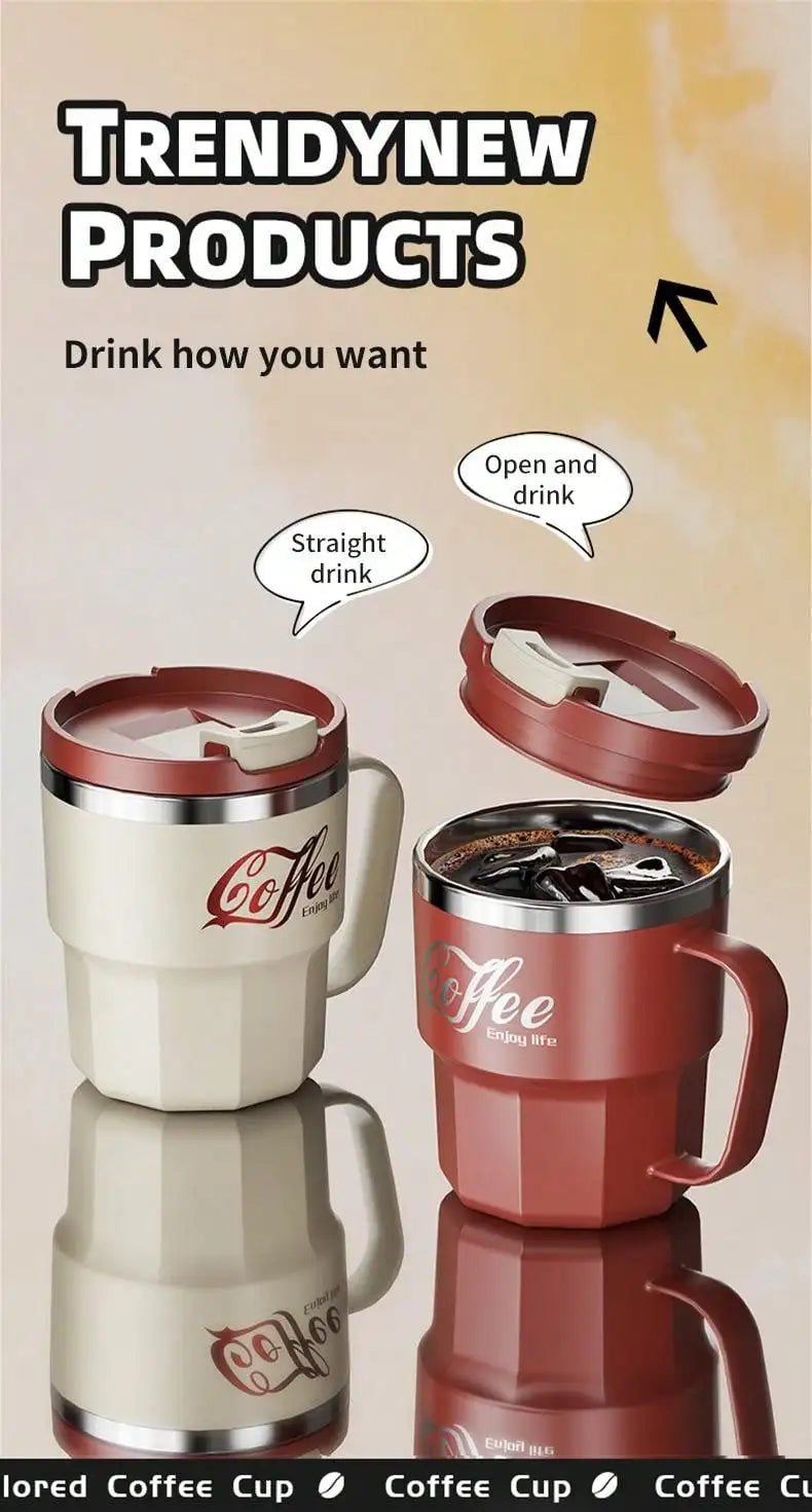 WORTHBUY 400/480ML 304 Stainless Steel Coffee Cup With Lid&Handle Double Layer Coffee Mug Drinkware Reusable Insulated Water Cup