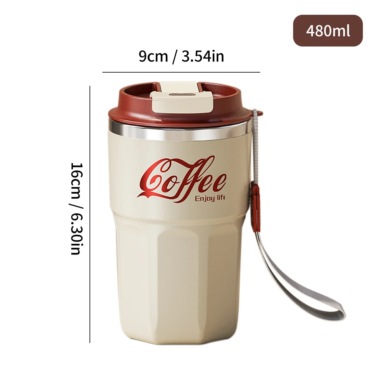 WORTHBUY 400/480ML 304 Stainless Steel Coffee Cup With Lid&Handle Double Layer Coffee Mug Drinkware Reusable Insulated Water Cup