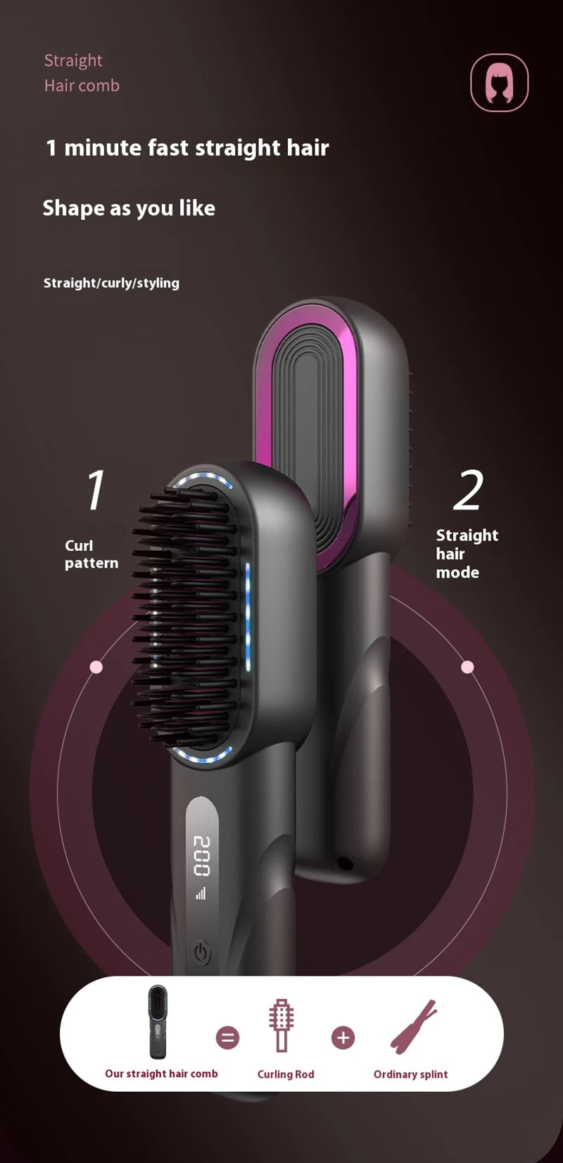 Wireless Straight Curling Hair Comb Heating Negative Ion Hair Straightener Rechargeable Anti-scalding Electric Hair Care Brushes