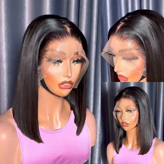 100% Vietnamese Super Double Drawn Bone Straight 13x4 Frontal Bob Wig with Human Hair Natural Black 210% Density For Black Women