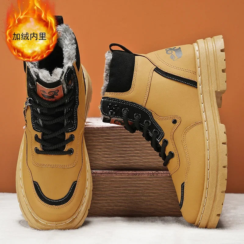 Winter Men's Boots Warm Plush Outdoor Cotton Shoes Black Size 48 Waterproof Lace Up Anti Slip Fashion Cold Resistant Men's Shoes