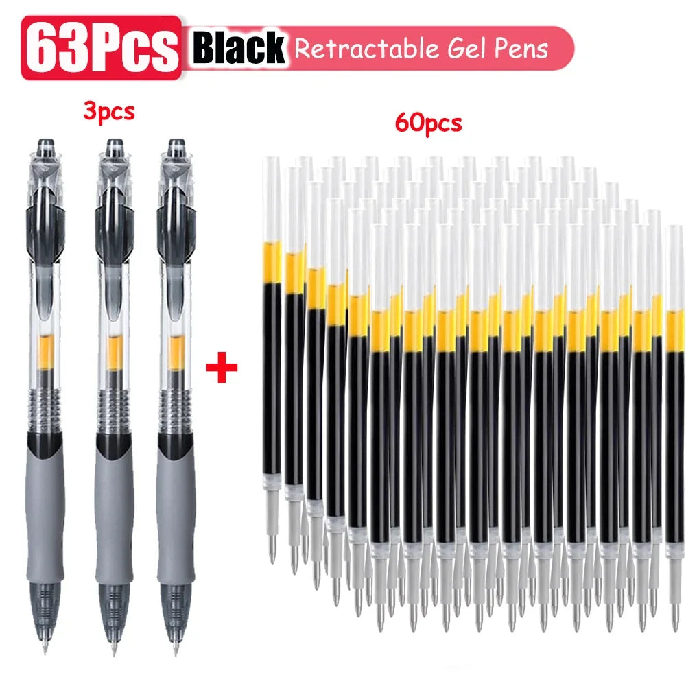 1-63Pc Retractable Gel Pens Set Black/red/blue Ink Ballpoint for Writing 0.5mm Refills Office Accessory School Supply Stationery