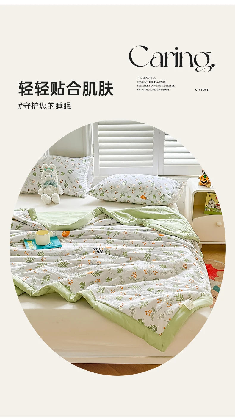 100% Cotton Summer Cool Quilt with Pure Cotton Filling Thin Air Conditioning Blanket Lightweight Breathable Quilts Printed Style