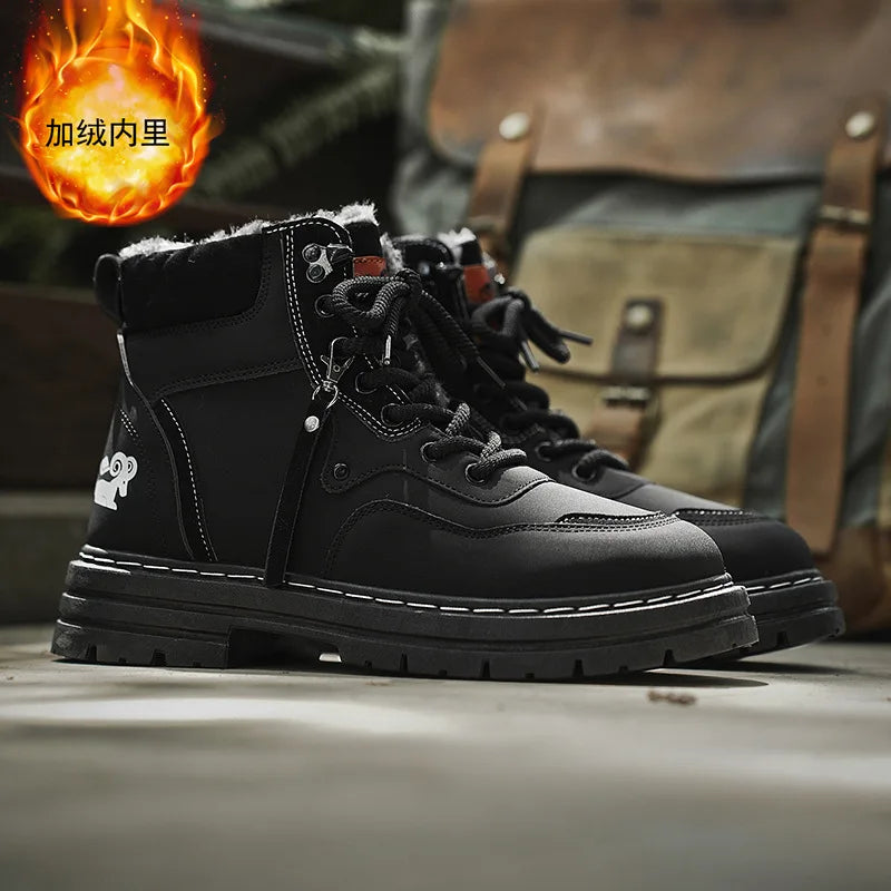 Winter Men's Boots Warm Plush Outdoor Cotton Shoes Black Size 48 Waterproof Lace Up Anti Slip Fashion Cold Resistant Men's Shoes