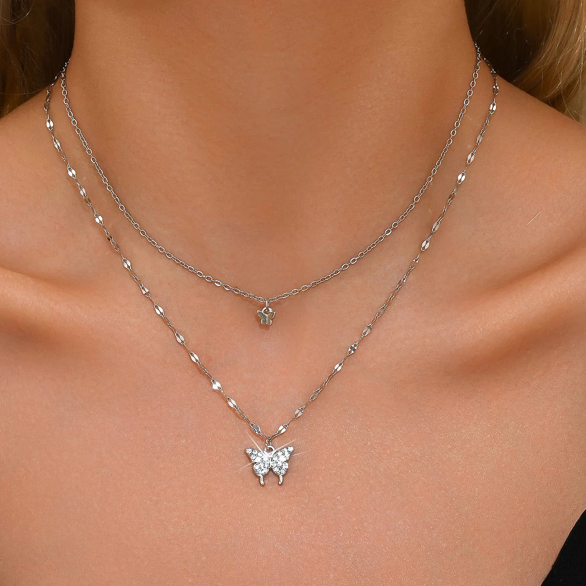 1 Women's Lats Sparkling Double Layer Butterfly Necklace Exquisite Double Layer Collar Chain Jewelry Banquet Party Holiday Gift