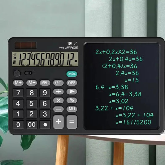12 Digits 2in1 Calculator Solar Power with Writing Pad Standard Function Calculator 6 inch Dual Stylus Pen Drawing Pad