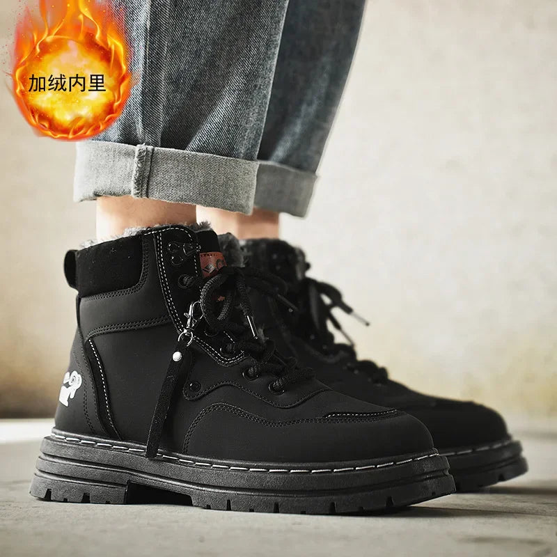 Winter Men's Boots Warm Plush Outdoor Cotton Shoes Black Size 48 Waterproof Lace Up Anti Slip Fashion Cold Resistant Men's Shoes