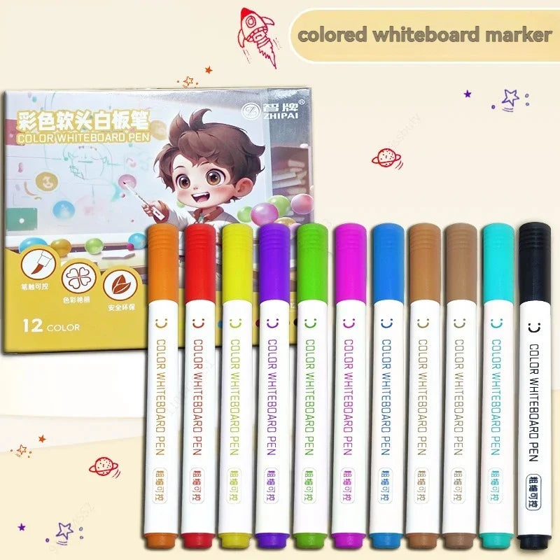 12 Colors Brush Tip Erasable Whiteboard Pen set Blackboard Marker School Office Art Writing Stationery White Board Marker Pen