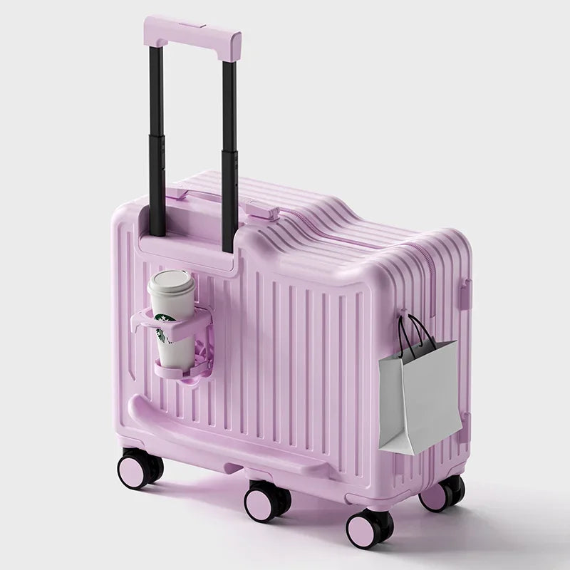 20 inch Children Small Suitcase Boy Ride on Luggage Trolley Case Girl Boarding Cabin Trip Travel Bag Password Security Lock Leat