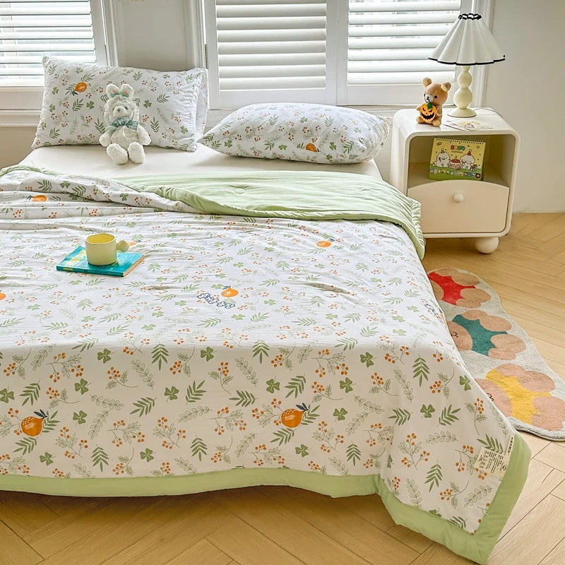 100% Cotton Summer Cool Quilt with Pure Cotton Filling Thin Air Conditioning Blanket Lightweight Breathable Quilts Printed Style