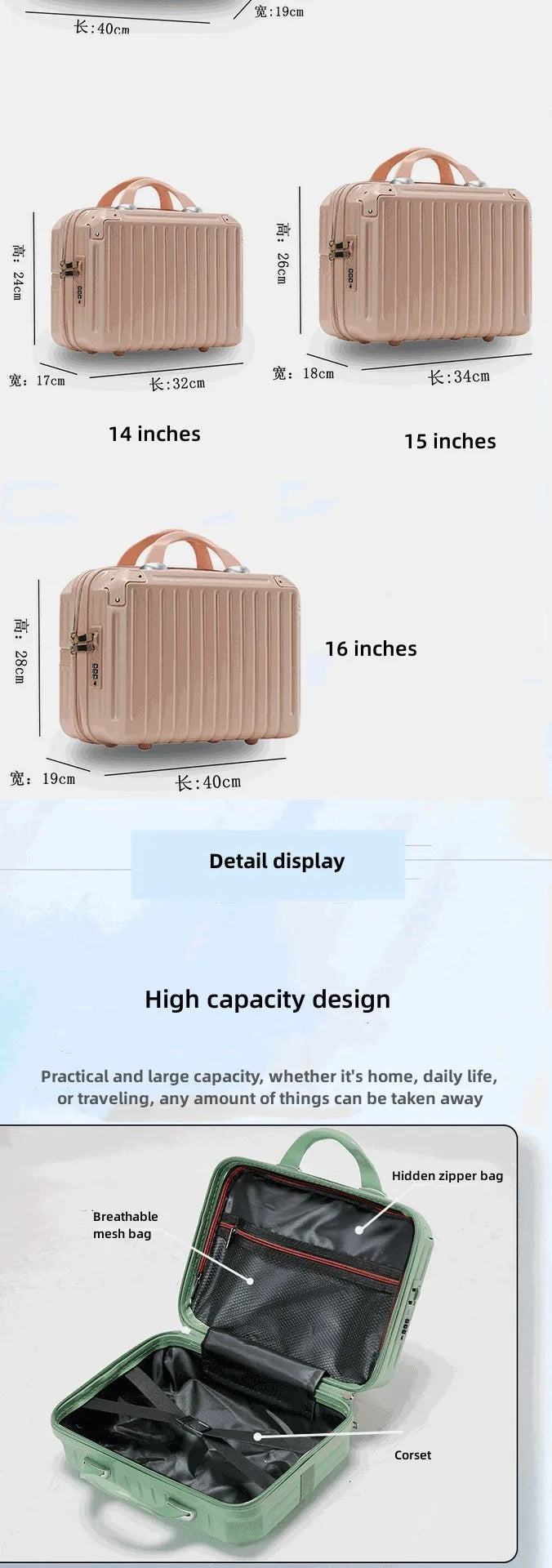 16 Inch Large Capacity Portable Lightweight Luggage Case Female Zipper Lock Cosmetics Storage Bag Small Boarding Mini Suitcase