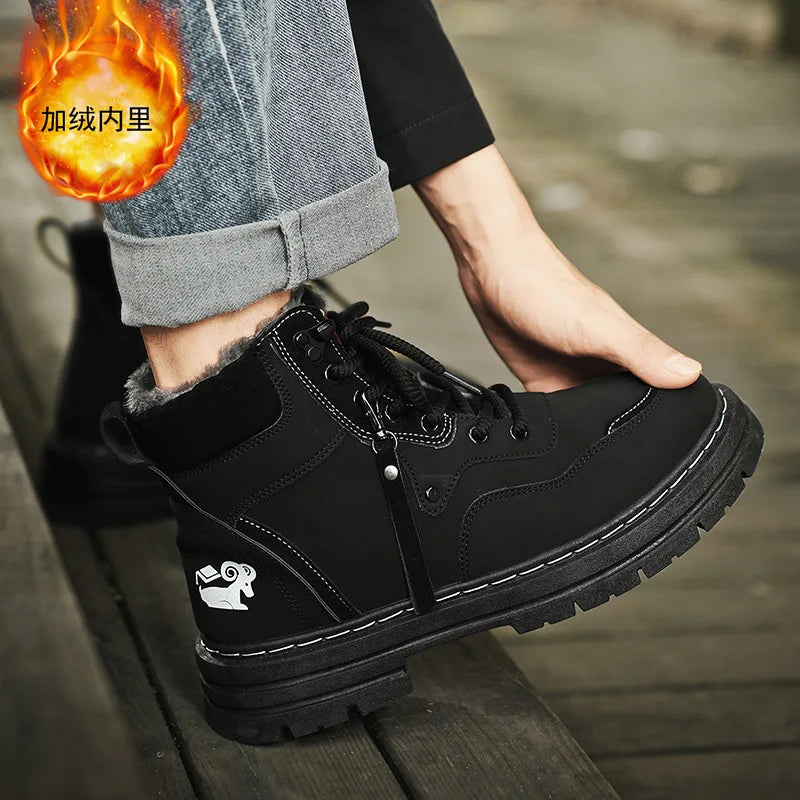 Winter Men's Boots Warm Plush Outdoor Cotton Shoes Black Size 48 Waterproof Lace Up Anti Slip Fashion Cold Resistant Men's Shoes