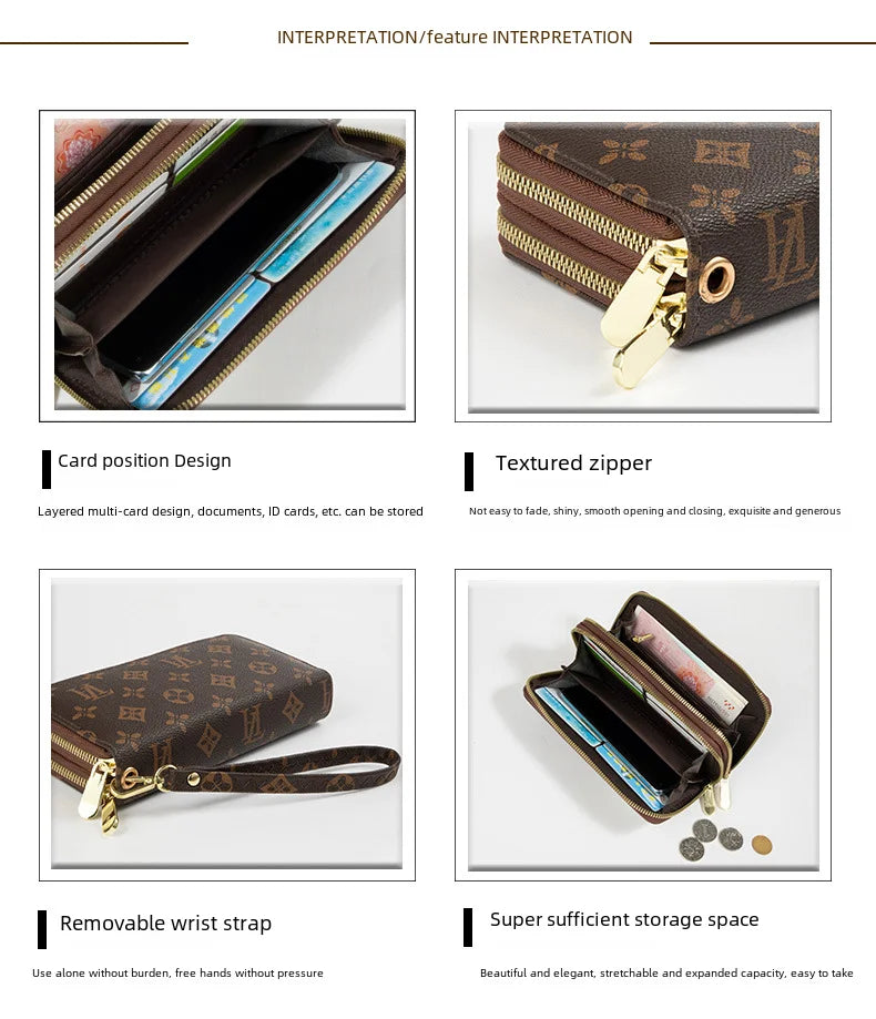 Women's Long Wallet 2022 New European American Fashion Printed Large Capacity Double Zip Handbag Old Flower Mobile Phone Bag