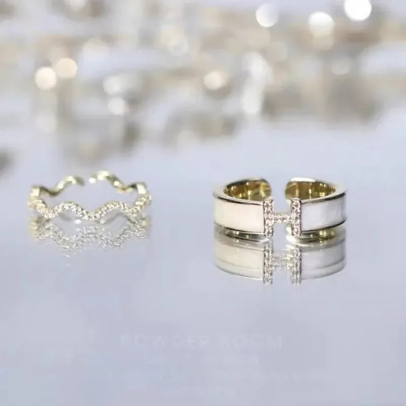Women's Luxury Niche Design Sensibility Unique H-Shape Zirconia Ring Adjustable Finger Size For Fashion Lovers