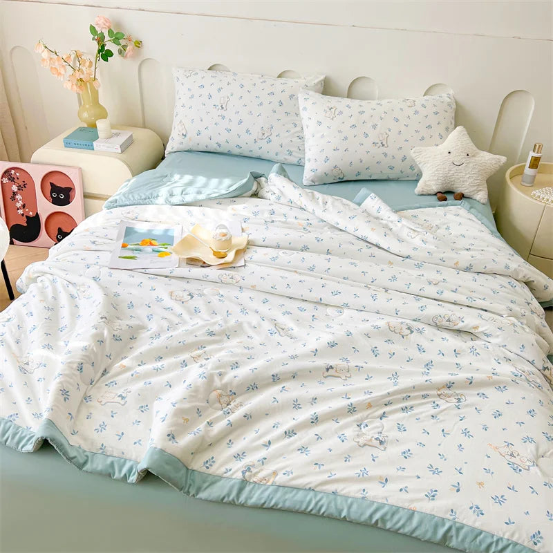100% Cotton Summer Cool Quilt with Pure Cotton Filling Thin Air Conditioning Blanket Lightweight Breathable Quilts Printed Style