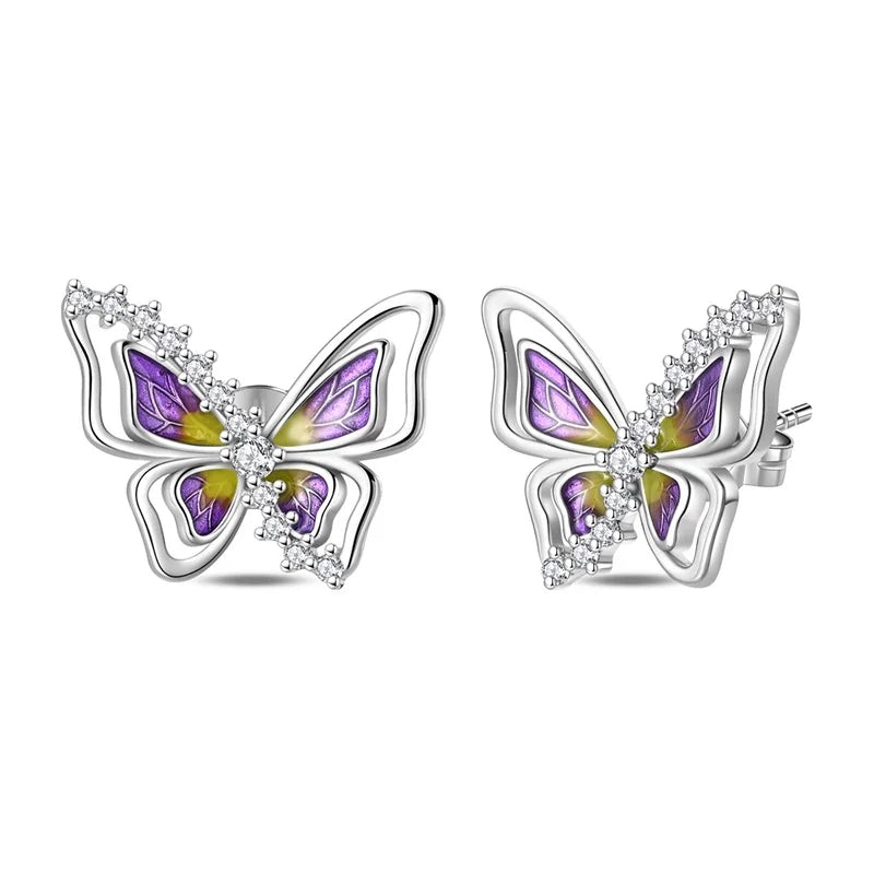 100% 925 Sterling Silver Colorful Butterfly Bee Ladybug Rainbow Flower Earrings For Women Fashion Birthday Party Jewelry Gifts