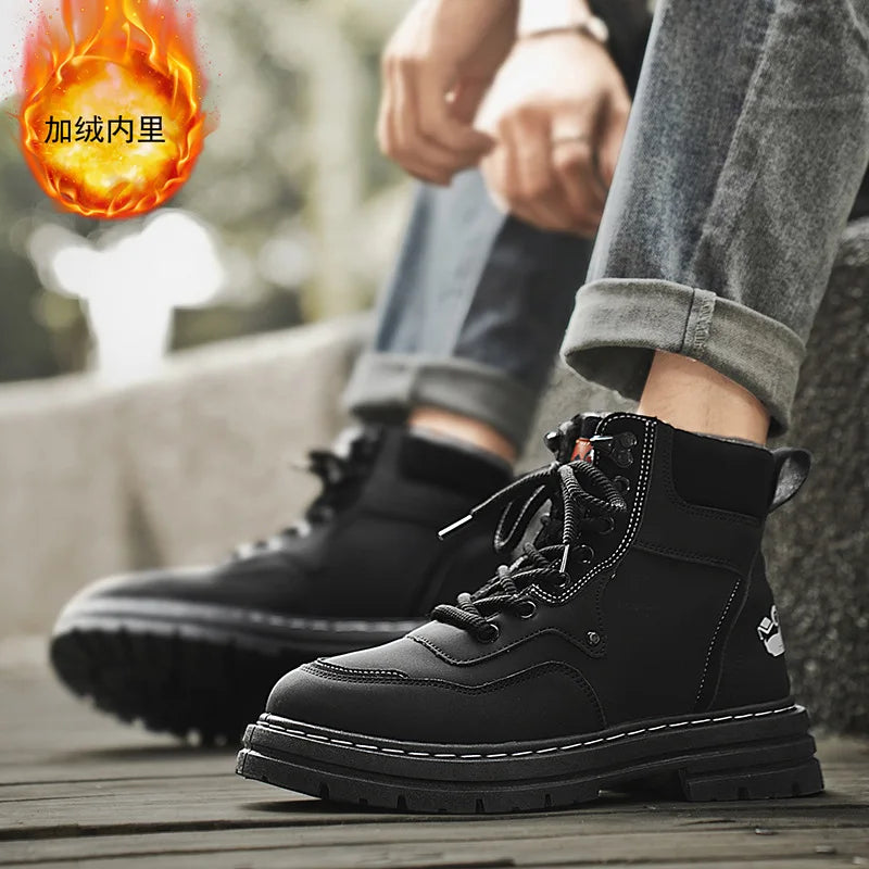 Winter Men's Boots Warm Plush Outdoor Cotton Shoes Black Size 48 Waterproof Lace Up Anti Slip Fashion Cold Resistant Men's Shoes