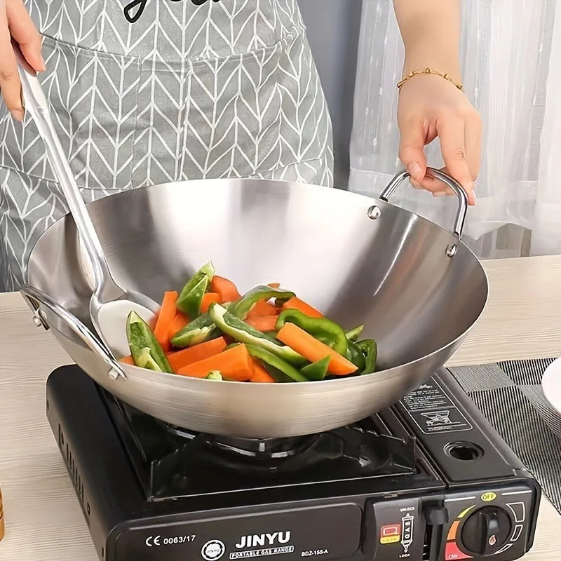 1pc Large Stainless Steel Wok, Uncoated Thick High-Quality Durable Chef'S Pan with Dual Handles, Easy to Clean for Commercial