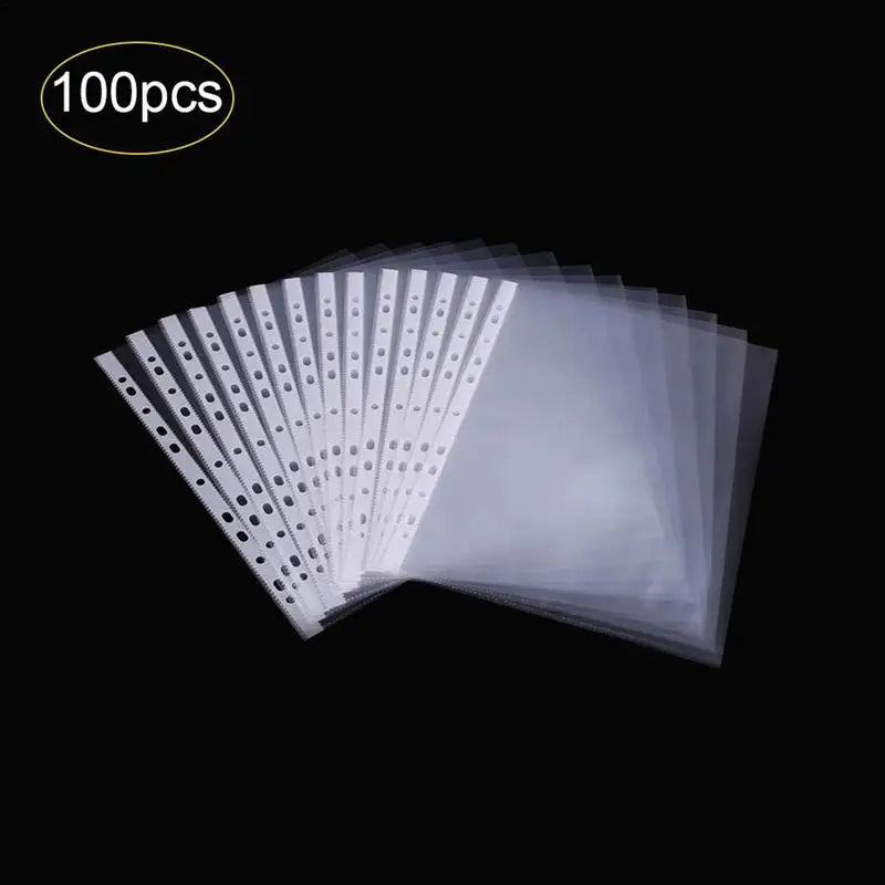 100pcs 11-hole A4 Clear Plastic Punched File Folders For Documents Sleeves Pocket File Sleeve Thin Document Office Supplies