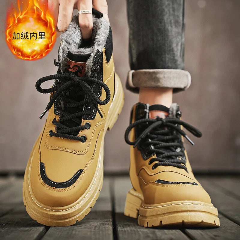 Winter Men's Boots Warm Plush Outdoor Cotton Shoes Black Size 48 Waterproof Lace Up Anti Slip Fashion Cold Resistant Men's Shoes