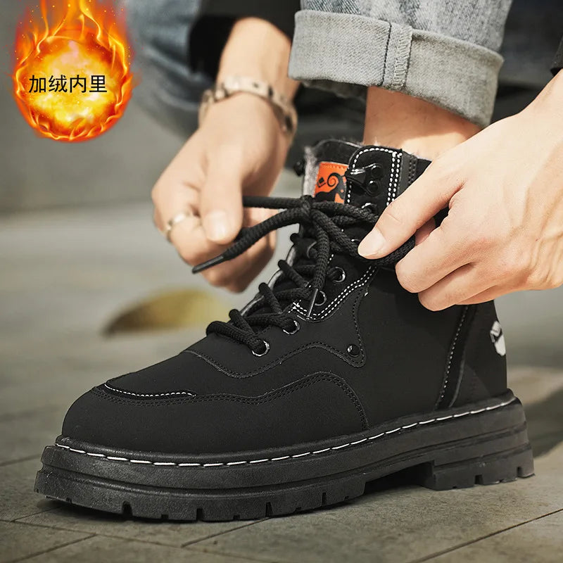 Winter Men's Boots Warm Plush Outdoor Cotton Shoes Black Size 48 Waterproof Lace Up Anti Slip Fashion Cold Resistant Men's Shoes