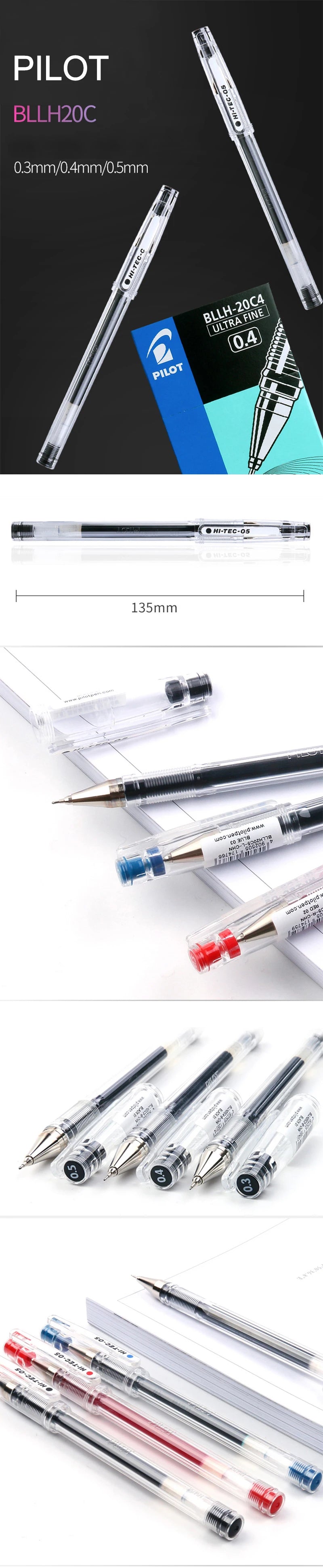 12pcs/Box Pilot HI-TEC Gel Pen Set 0.25/0.3/0.4/0.5mm Fine Point Ballpoint Pen Needle Neutral Gel Ink Black,Blue,Red BLLH-20C4
