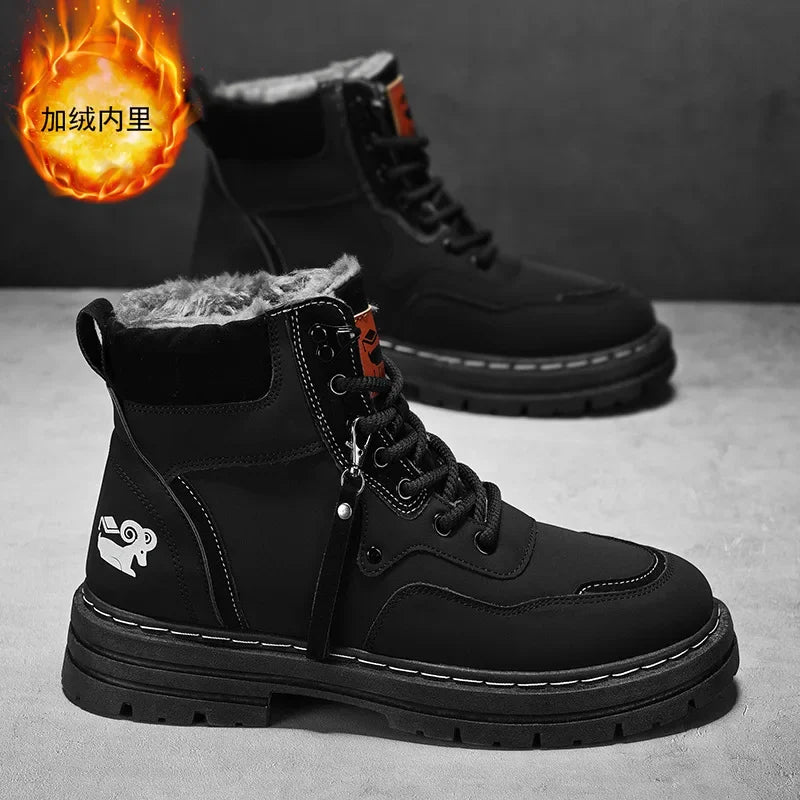 Winter Men's Boots Warm Plush Outdoor Cotton Shoes Black Size 48 Waterproof Lace Up Anti Slip Fashion Cold Resistant Men's Shoes