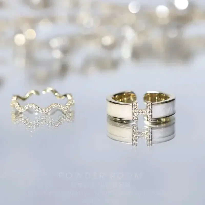 Women's Luxury Niche Design Sensibility Unique H-Shape Zirconia Ring Adjustable Finger Size For Fashion Lovers