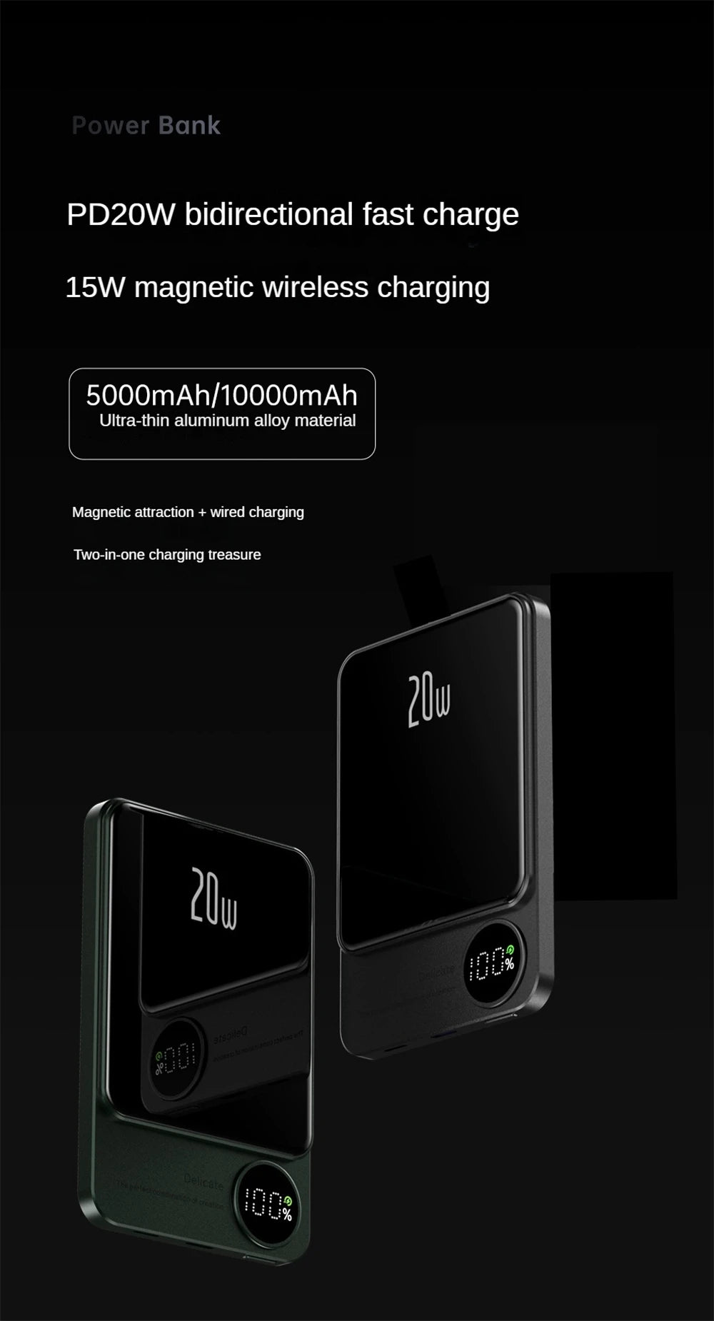 10000mAh Alloy Powerbank Magnetic Power Bank Wireless Fast Charger For IPhone 15 14 13 12 11 Backup Battery