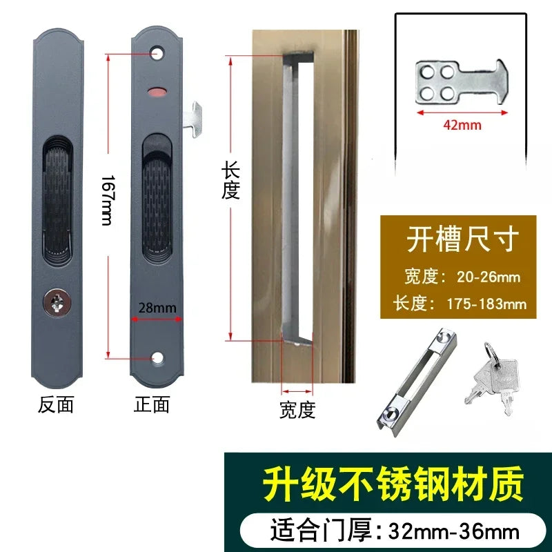 1set of zinc alloy 90 type sliding door lock buckle strip double-sided lock broken bridge aluminum alloy door hook lock with key